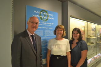 (From left) Consul General of France in Hong Kong & Macau Mr Eric Berti, Curator of the Stephen Hui Geological Museum Dr Petra Bach and palaeo-oceanographer at the Department of Earth Sciences Dr Christelle Not.