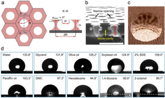 Figure 2 Bio-inspired design of liquid-repellent structures with robust liquid-repellency.  Schematic (a) and image (b) of the designed porous surface. (c) Photo of a water drop suspended on top of the porous surface.  (d) repellency of 10 different liquids by the porous surface.