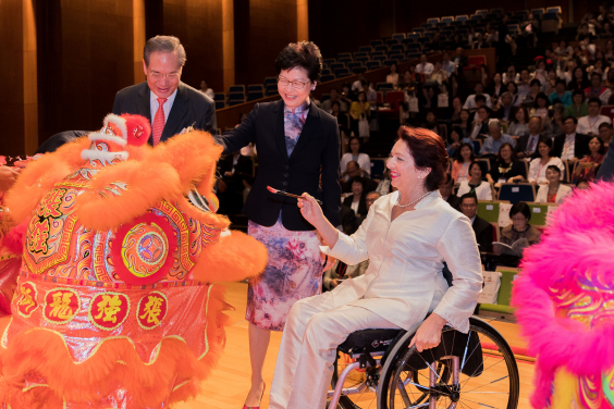 Lion Eye-dotting Ceremony in the Asian Family Summit Opening Ceremony:  (From left) Professor Arthur Li, Chairman of the Council, The University of Hong Kong, The Honourable Mrs. Carrie Lam, The Chief Executive, HKSAR, and Ms. Daniela Bas, Director of the Division for Inclusive Social Development, Department of Economic and Social Affairs, United Nations