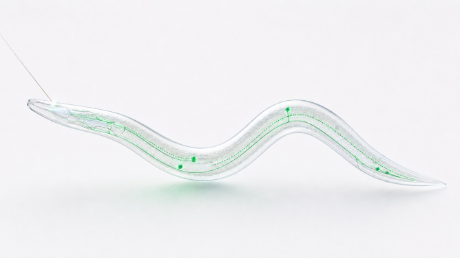 Image 1. Artistic illustration of the gentle touch response in C. elegans. A fine hair-like probe activates touch receptor neurons involved in the animal’s escape reflex.