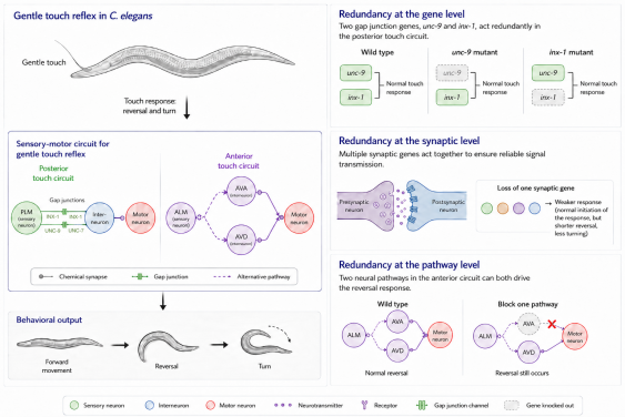 Image 2. Redundant mechanisms supporting the gentle touch reflex in C. elegans.
The diagram shows how genes, synapses and neural pathways work together to maintain a reliable touch response.